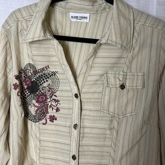 Claire France embroidered boho western shirt ,2X, cuff,multi print,seersucker EC - Picture 5 of 14